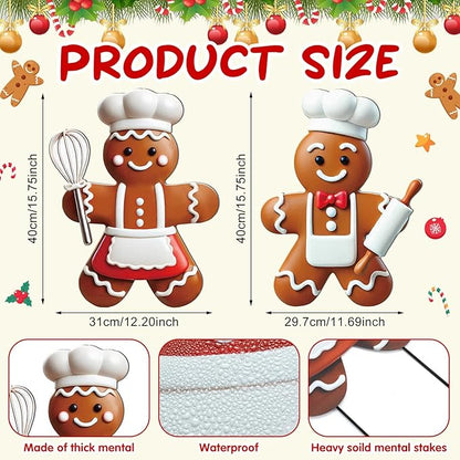 2 Pack Christmas Yard Stakes Metal Stakes 3D Boy and Girl Yard Sign Christmas Outdoor Decorations for Outside Holiday Xmas Winter Ornament Lawn Pathway(Ginger Cake Chef)