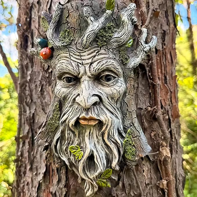 Teaeeno Whimsical Tree Face Garden Decoration, 11.8 in Tree Faces Decor Outdoor Wallmounted Statue Art with Leaf Features, Outdoor Decor Garden Accessory (Outdoors and Nature)