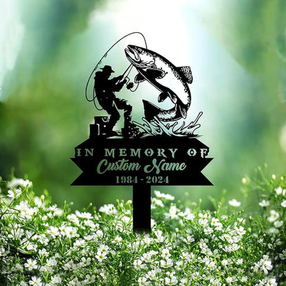 Custom Trout Fishing Metal Memorial Stake Personalized Fisherman Catching Fish Grave Marker Name Sign Fisher Remembrance Stake Decor,Memorial Statue Sign for Garden Outdoor Outside Yard Decor.