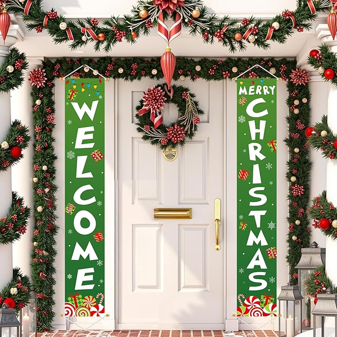 Ivenf Outdoor Christmas Decorations Yard: Cute Green White Front Porch Sign Banner, Welcome Merry Christmas Candy Decorations for Home, Indoor Outdoor Xmas Wall Front Door Yard Garage Décor