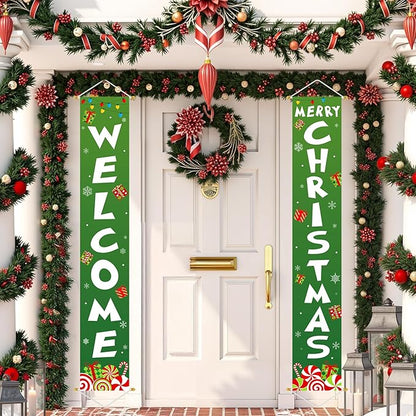 Ivenf Outdoor Christmas Decorations Yard: Cute Green White Front Porch Sign Banner, Welcome Merry Christmas Candy Decorations for Home, Indoor Outdoor Xmas Wall Front Door Yard Garage Décor