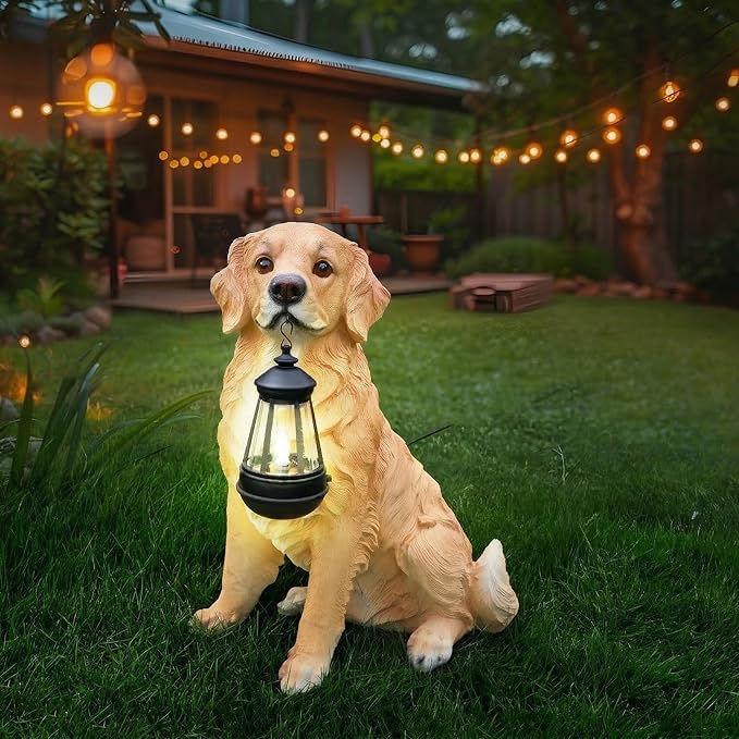 Golden Retriever Garden Statue with Solar Lantern, Realistic Dog Sculpture, Birthday Gift for Women Mom Grandma, Housewarming Gift for New Home, Outdoor Resin Puppy Decor