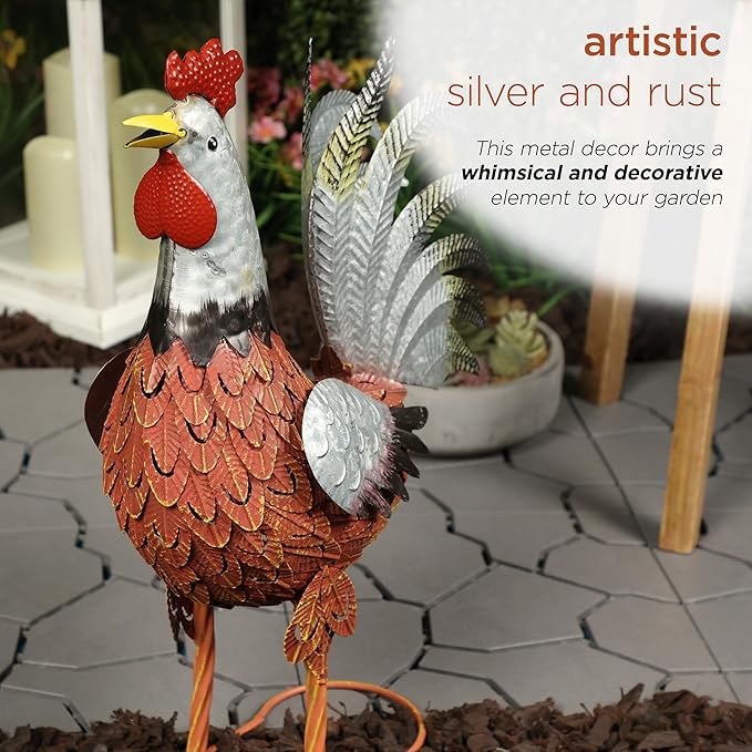 Alpine Corporation JUM388 Metal Outdoor Rooster Decor Statue, Animal Décor for Patio, Lawn & Garden, 20"H, Silver and Rust