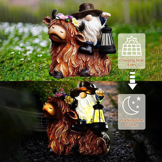 Solar Highland Cow Gnome Garden Decorative Statue - Detachable Lantern - Outdoor Fun Decoration Light Outdoor Decorations for Patio,Yard and Gift for Mom