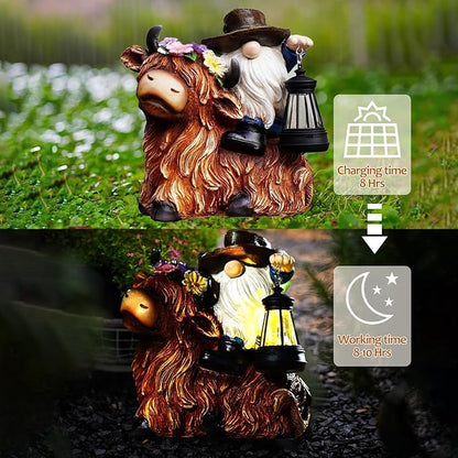 Solar Highland Cow Gnome Garden Decorative Statue - Detachable Lantern - Outdoor Fun Decoration Light Outdoor Decorations for Patio,Yard and Gift for Mom