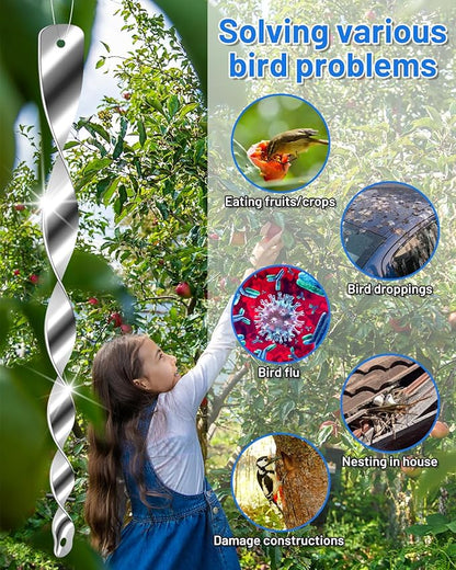 12Pcs Bird Reflective Scare Rods, Plastic Deterrent Devices for Outside Patio, House, Garden, Window to Keep Woodpecker Pigeon Away, Silver Hanging Wind Spinners Outdoor Decor