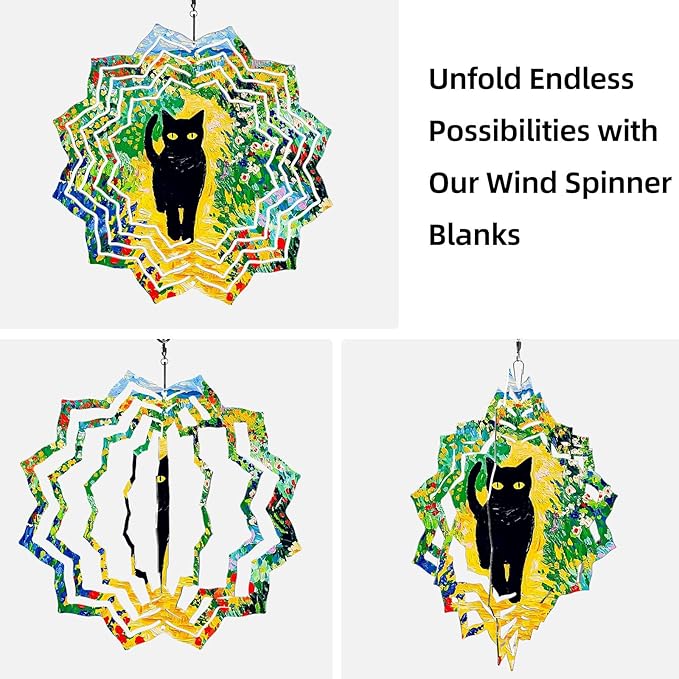 8 Inch Sublimation Wind Spinner, 3D Aluminum Metal Wind Spinner with Hook, Indoor Yard Garden Hanging Decoration, Weather Resistant Rotating Spiral Ornament, Black Cat in Flowers