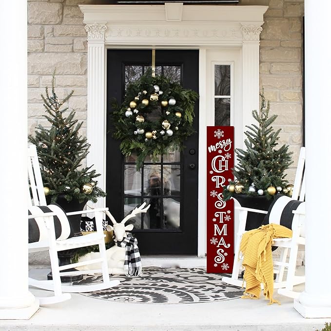 Merry Christmas Sign Xmas Front Door Hanging Decor Wooden Vertical Indoor Outdoor Porch Standing Signs For Garden Home Yard Farmhouse Porch 47.2 x 7.8 Inch