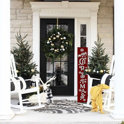 Merry Christmas Sign Xmas Front Door Hanging Decor Wooden Vertical Indoor Outdoor Porch Standing Signs For Garden Home Yard Farmhouse Porch 47.2 x 7.8 Inch