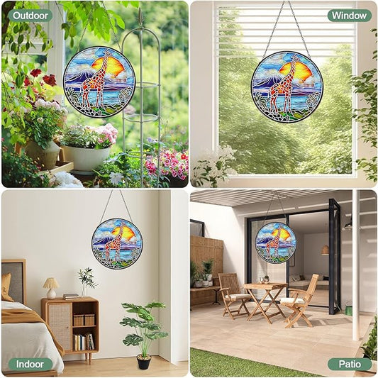 Giraffe Stained Glass Window Hanging Suncatcher with Chain - 7.9" Outdoor/Indoor Art Decor for Home Garden, Thanksgiving, Wedding, Mother's, Valentine's & Christmas Ornaments Present Gifts