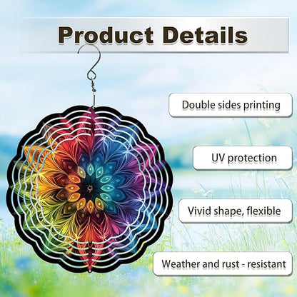 Wind Spinners Outdoor, Hanging Wind Spinner for Garden Decoration, 8 inch 3D Stainless Steel Metal Wind Sculpture for Indoor/Outdoor Decor, Mandala D