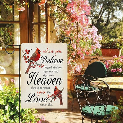 Dyrenson Memorial Cardinal Decorative Garden Flag, When You Believe Beyond What Your Eyes Can See Cemetery Yard Outside Home Decoration, Red Berry Burlap Outdoor Small Decor Double Sided 12 x 18
