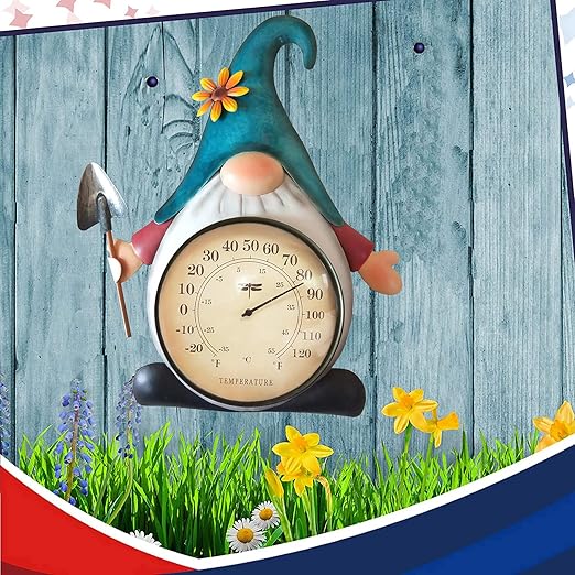 Metal Gnome Thermometer Indoor Outdoor Wall Art Decor Plaque Sculpture Hanging Mounted for Living Room Bedroom Kitchen Workroom Patio, Waterproof, No Battery Required