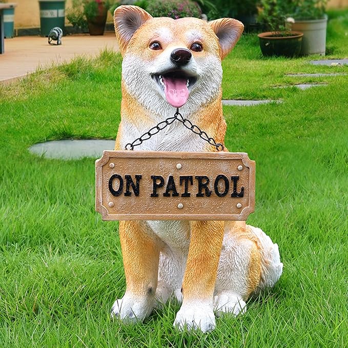Akita Dog Sculpture with Solar Lantern & Signposts, 'On Patrol' & 'Welcome' - Outdoor Decorative Resin Dog Statue for Yard, Patio, Garden