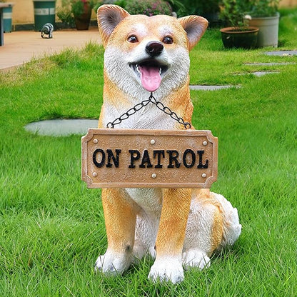 Akita Dog Sculpture with Solar Lantern & Signposts, 'On Patrol' & 'Welcome' - Outdoor Decorative Resin Dog Statue for Yard, Patio, Garden