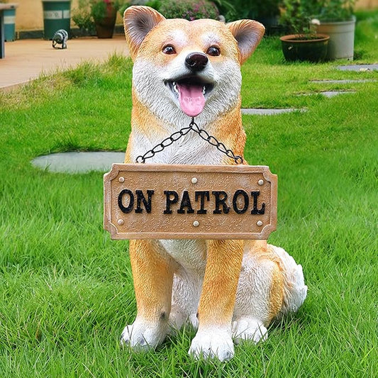 Akita Dog Sculpture with Solar Lantern & Signposts, 'On Patrol' & 'Welcome' - Outdoor Decorative Resin Dog Statue for Yard, Patio, Garden