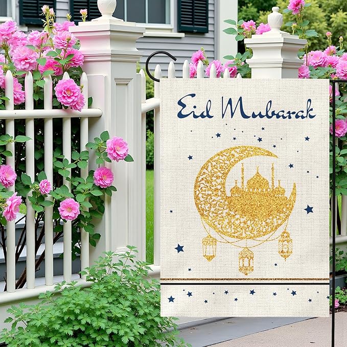 Eid Mubarak Garden Flag 12x18 Inch Ramadan Kareem Muslim Yard Flags with Golden Moon Mosque Lantern Stars Islamic House Banner for Spring Eid Celebration Home Porch Lawn Patio Decor