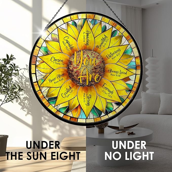 Christian Sunflower Stained Glass Window Hanging, 7.9" Inspirational Bible Verse Sun Catcher Glass Panel, Sunflower Decor Hand Painted Round Wall Art, Religious Gifts for Women, Mom, Wife