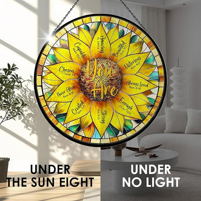 Christian Sunflower Stained Glass Window Hanging, 7.9" Inspirational Bible Verse Sun Catcher Glass Panel, Sunflower Decor Hand Painted Round Wall Art, Religious Gifts for Women, Mom, Wife