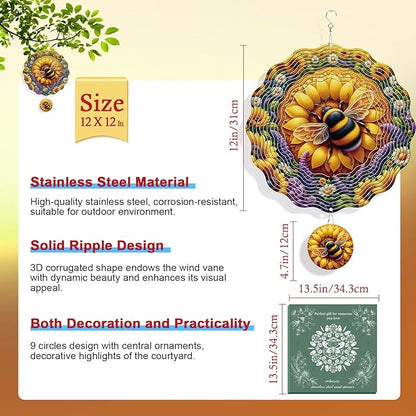 Rngmsi Sunflower Wind Spinners Outdoor Garden Decor for Outside, 3D Metal Bee Wind Spinner Hanging Decor Kinetic Art for Yard, 12 in Stainless Steel Hanging Gifts for Women Housewarming