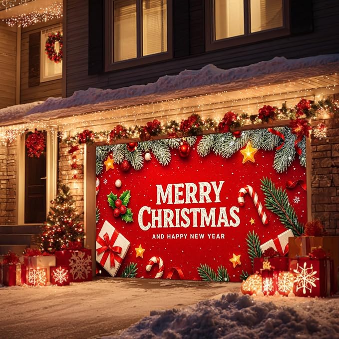 HOMETITUTE Christmas Door Banner 13x6ft Holiday Porch Decoration Red Background Merry Christmas And Happy New Year Pine Branches Ornaments Gifts Winter Seasonal Front Door Cover Wall Decor