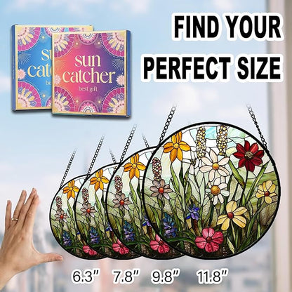 Birthday Gifts for Women - Wildflowers Faux Stained Glass Window Hanging Sun Catcher for Door Garden Acrylic Decor Mother's Day Christmas for Mom Nana Grandma Sisters Wife 7.8"