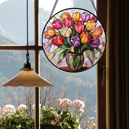 Stained Glass Window Hanging - Red Orange Purple Tulips Suncatcher for Door Terrace Garden Home Decor Flowers Sun Catcher Birthday Gifts for Lovers Women Men Dad Mom Nana 7.8 in