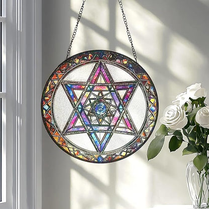 Star of David Suncatcher Stained Glass Window Hanging - 9.84inch Hand-Painted Sun Catcher Garden Hanging Decoration with Metal Chain Outdoor Garden Decor Gift for Women