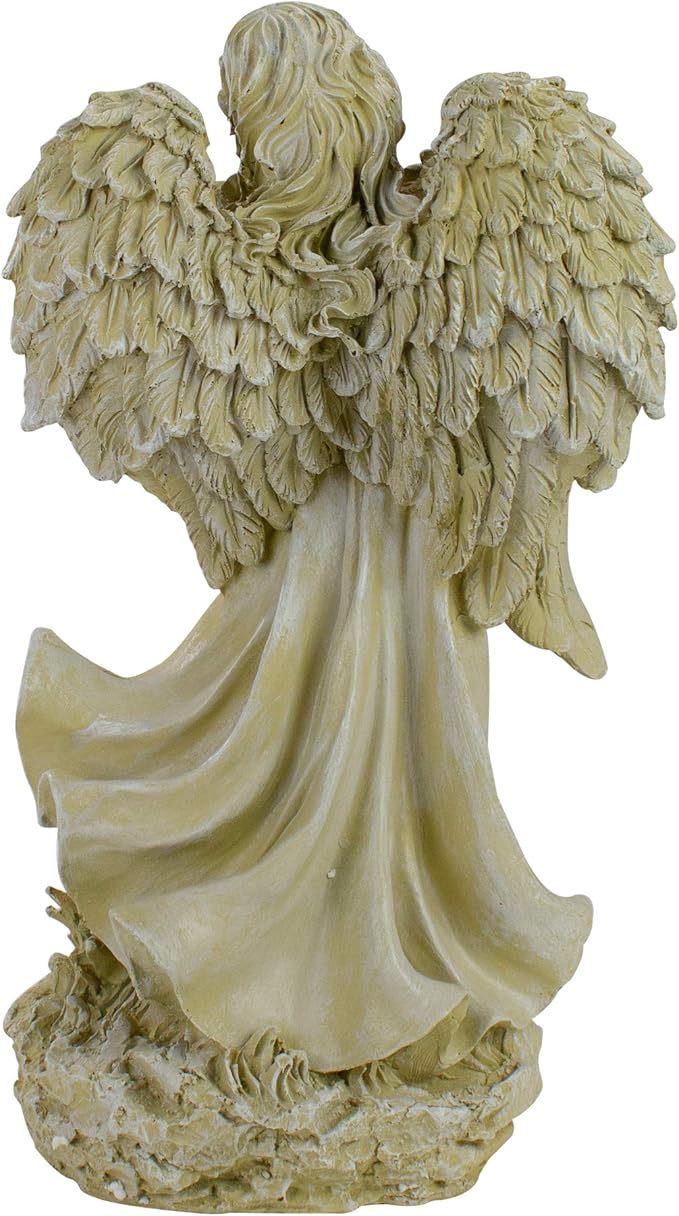 Northlight 18" Heavenly Gardens Distressed Almond Brown Angel with Bird and Bouquet Outdoor Patio Garden Statue