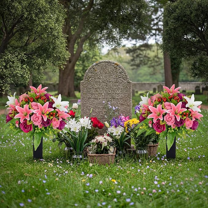 Frienda 2 Sets Cemetery Flowers Grave Stake Metal Floral Decor for Tombstone, Outdoor Gravesite Markers for Mom Dad, Memorial Day Spring Easter Grave Decor(Lily Rose,Pink,White)
