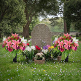 Frienda 2 Sets Cemetery Flowers Grave Stake Metal Floral Decor for Tombstone, Outdoor Gravesite Markers for Mom Dad, Memorial Day Spring Easter Grave Decor(Lily Rose,Pink,White)