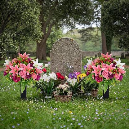 Frienda 2 Sets Cemetery Flowers Grave Stake Metal Floral Decor for Tombstone, Outdoor Gravesite Markers for Mom Dad, Memorial Day Spring Easter Grave Decor(Lily Rose,Pink,White)
