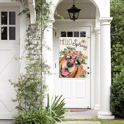 Hello Spring House Flags for Outdoor Decoration, Dog with Flowers Hat Large Yard Flag, Seasonal Decorative Celebration Decor for Summer Farmhouse Holiday Outside 28x40 Inch Vertical Double