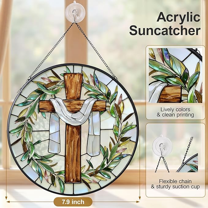 7.9 Inch Cross and Olive Leaves Stained Glass Suncatcher, Cross Sunset Suncatchers for Windows Hanging Indoor Decor, Stained Glass Gift, Christian Gifts, Religious Gifts, Window Decor