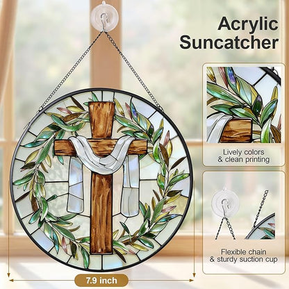 7.9 Inch Cross and Olive Leaves Stained Glass Suncatcher, Cross Sunset Suncatchers for Windows Hanging Indoor Decor, Stained Glass Gift, Christian Gifts, Religious Gifts, Window Decor