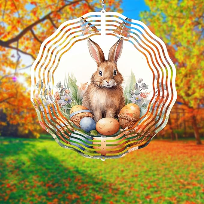 Easter Bunny Wind Spinner Easter Day Gifts 3D Metal Kinetic Hanging Wind Sculpture Spinners for Yard and Garden Indoor Outdoor Window Easter Rabbit Yard Art Garden Decoration 8 Inch (Bunny 5)