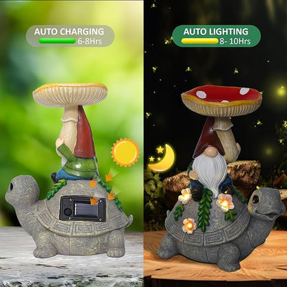 Turtle Garden Solar Statue with Mushroom Bird Bath Outdoor Waterproof, Gifts to Mom Women Grandma Birthday Mother's Day, Gnome Bird Feeder with LED Light for Yard Lawn Porch Outside Decor