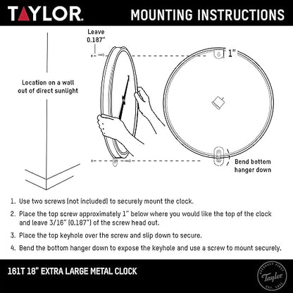Taylor Indoor Outdoor Metal Wall Clock, Wireless Thermometer with Easy to Read Large Numbers for Patio, Pool, and Indoor Areas, 18-inch