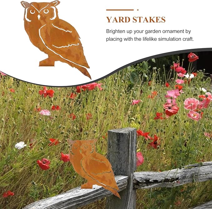 Yardwe Owl Garden Stake 9.84In Metal Outdoor Yard Decor with Branch Design for Lawn Patio and Garden Decoration