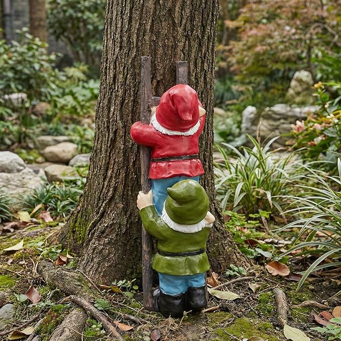 Elenon Funny Gnomes on Ladders Garden Statue, Gnomes Climbing Tree Figurine, Resin Outdoor Yard Lawn Decor, Cute Whimsical Patio Ornament for Garden, Porch, Backyard Decoration