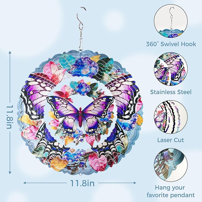 Butterfly Wind Spinners Outdoor, 12In Stainless Steel Wind Spinners Outside, 3D Kinetic Hanging Sculpture, Rustproof Metal Garden Decor Ornaments for Yard Art, Women, Men, Holidays