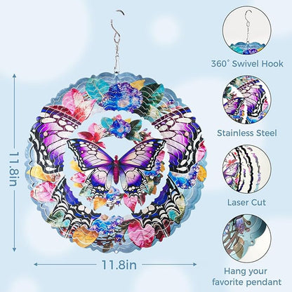 Butterfly Wind Spinners Outdoor, 12In Stainless Steel Wind Spinners Outside, 3D Kinetic Hanging Sculpture, Rustproof Metal Garden Decor Ornaments for Yard Art, Women, Men, Holidays