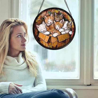 Stained Glass Window Hanging 6 Cute Kittens 7.8" - Cat Gift Suncatcher Door Sun Catcher Decor Birthday Christmas for Lost Pets Mom Men Woman Friend