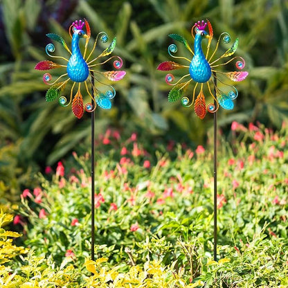 Colorful Peacock Wind Spinners Outdoor 2 Pcs, 38.2 Inch Tall Windmill for Yard Decor, Garden Wind Spinners with Vibrant Feather Design, Metal Garden Decor for Patio and Lawn