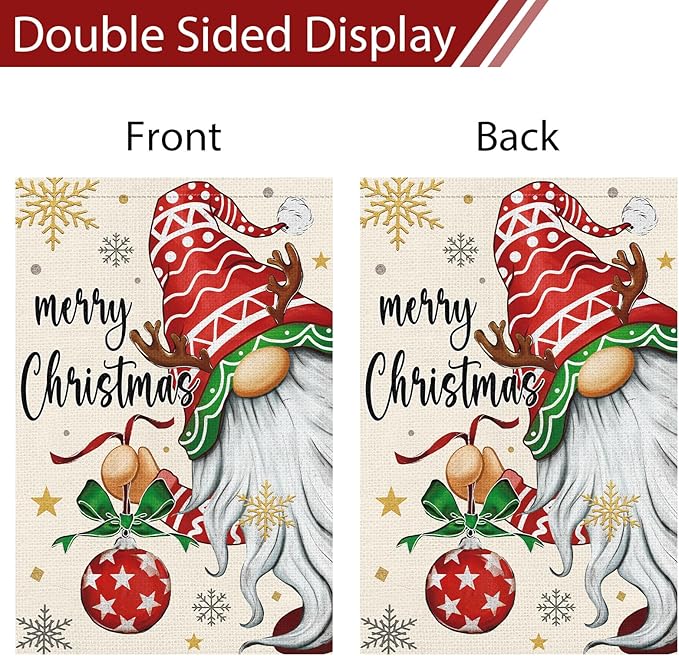 Heyfibro Merry Christmas Gnome Garden Flag 12x18 Double Sided Burlap, Christmas Ball Snowflake Garden Yard Flags for Winter Holiday Xmas Yard Outdoor Decoration(ONLY FLAG)