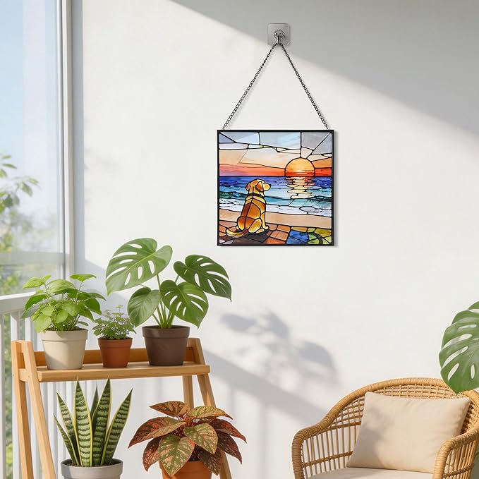 Hanging Stained Glass for Window Dog Suncatcher, Sun Catchers for Outdoor Decoration, Golden Retriever Garden Decor, Gifts for Women, Lovers, Couple, Friend, Bestie