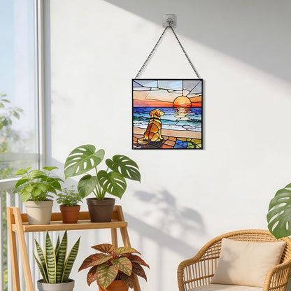 Hanging Stained Glass for Window Dog Suncatcher, Sun Catchers for Outdoor Decoration, Golden Retriever Garden Decor, Gifts for Women, Lovers, Couple, Friend, Bestie