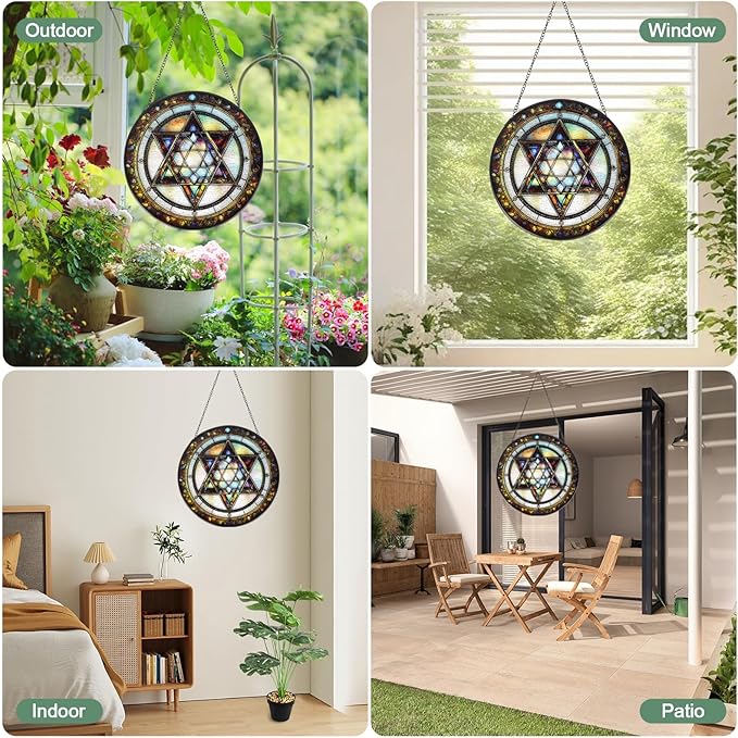 Star of David Stained Glass Window Hanging Suncatcher with Chain - 7.9" Outdoor/Indoor Art Decor for Home Garden, Thanksgiving, Wedding, Mother's, Valentine's & Christmas Ornaments Present