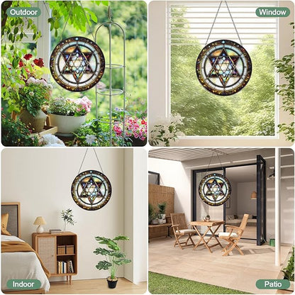 Star of David Stained Glass Window Hanging Suncatcher with Chain - 7.9" Outdoor/Indoor Art Decor for Home Garden, Thanksgiving, Wedding, Mother's, Valentine's & Christmas Ornaments Present