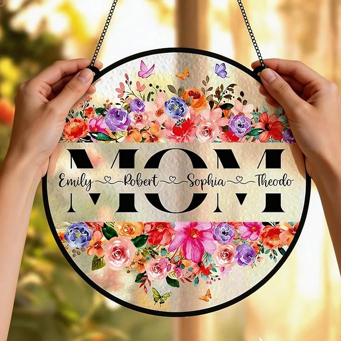 Personalized Grandma Floral Suncatcher, Custom Grandchildren Names Round Window Hanging, Stained Glass Style Flower Ornament, Mother’s Day Keepsake Decor for Grandma